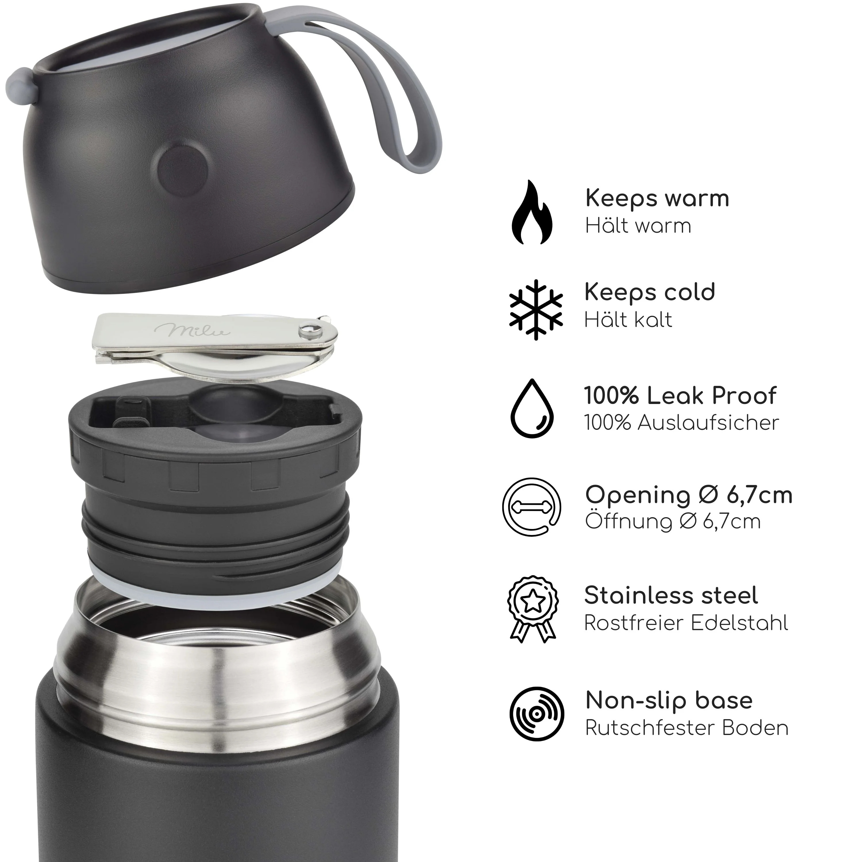 Milu® Thermobehälter für Essen, mit Löffel, auslaufsicher, isoliert (450 ml, 650 ml, 800 ml) - Image 4