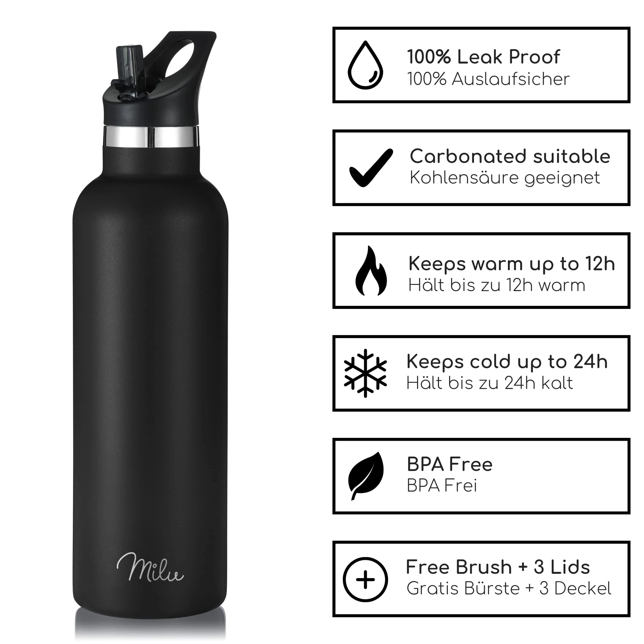 Milu Edelstahl Trinkflasche mit 3 Deckeln, auslaufsicher, isoliert (350 ml 500 ml 750 ml 1000 ml) - Image 4